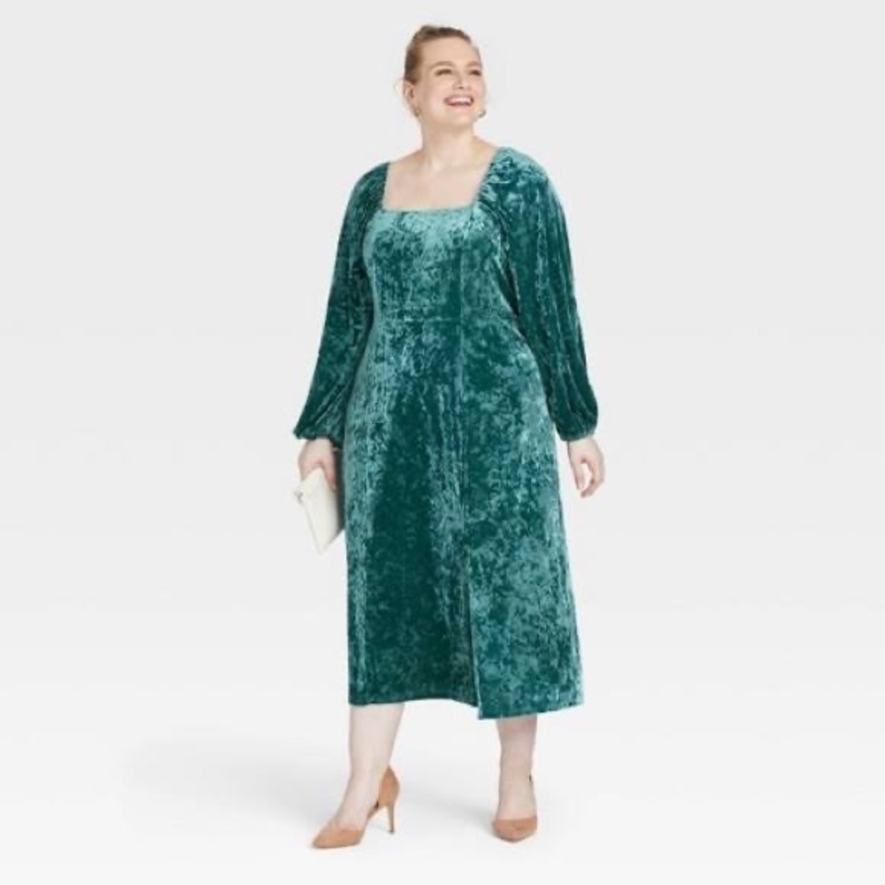 Ava & Viv Velvet Long Sleeve Dress, Teal Size 1x